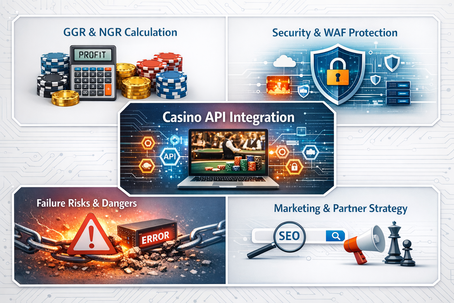 카지노 수익 계산을 시각화한 이미지로, 계산기와 카지노 칩, 수익을 뜻하는 PROFIT 문구가 표시된 대시보드