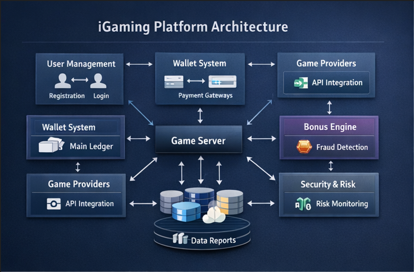 카지노솔루션 아키텍처 구조도(회원·지갑·게임 연동·보안·리포트 흐름을 한눈에 정리한 인포그래픽).