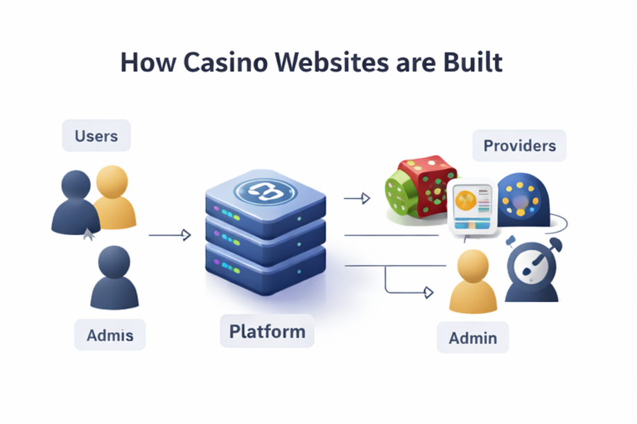 카지노 사이트 제작 전체 구조와 카지노솔루션 플랫폼 흐름을 정리한 인포그래픽.
