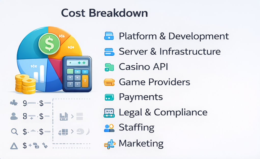 온라인 카지노 창업 비용 구성표 인포그래픽(플랫폼·서버·API·결제·마케팅)