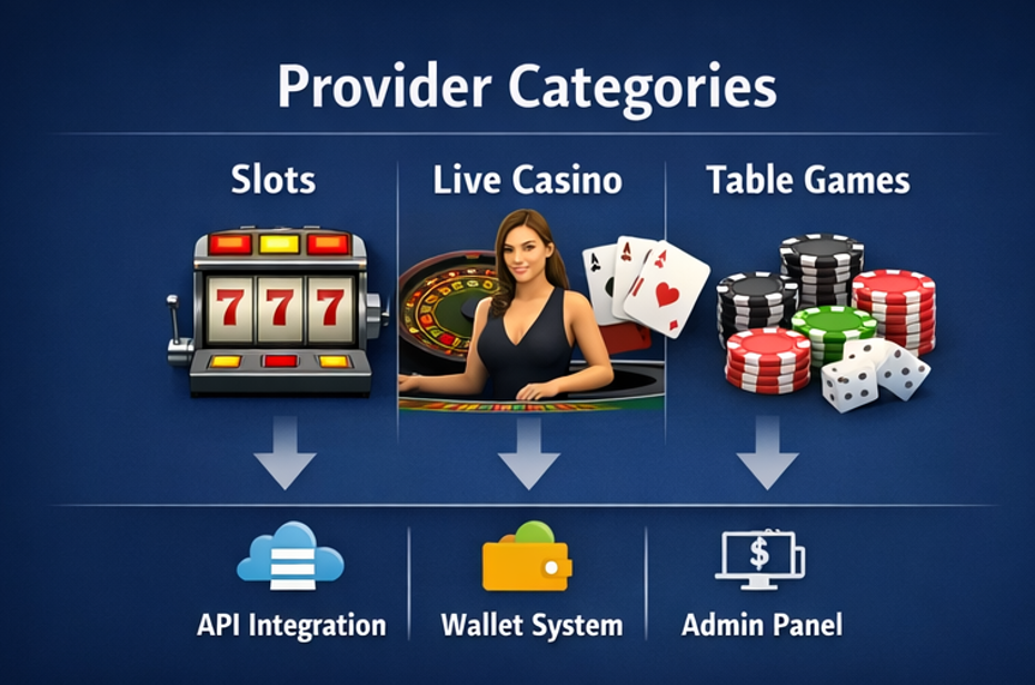 슬롯·라이브·테이블로 구분한 카지노 게임 벤더사 분류도와 연동 구조 요약 이미지