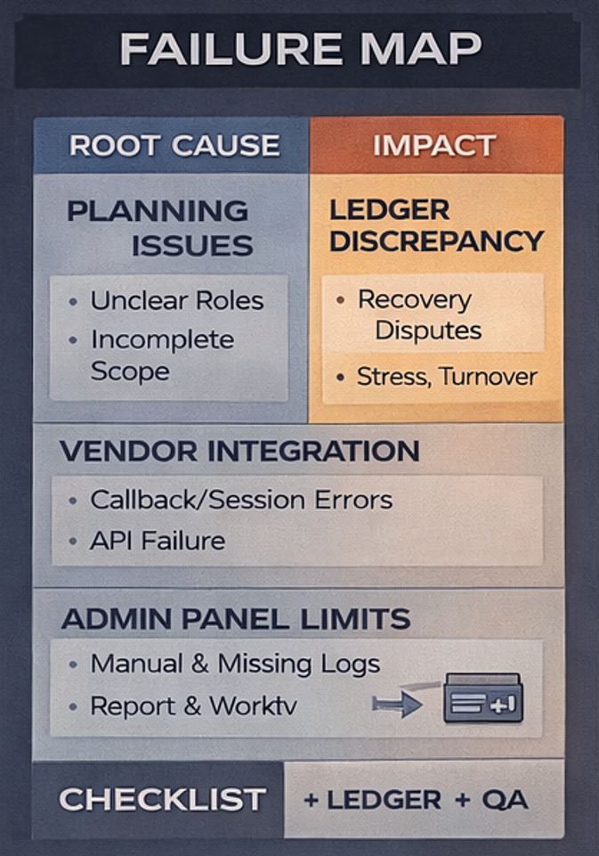 카지노솔루션 구축 실패 사례를 단계별로 정리한 운영 리스크 개념도