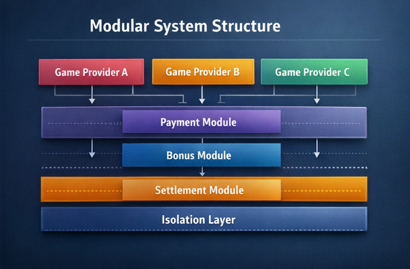 온라인 카지노솔루션의 모듈형 설계(게임 제공사별 분리, 결제/정산 분리, 장애 격리 구조를 표현한 다이어그램).