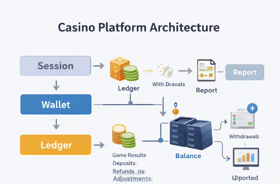카지노 API 연동 과정에서 콜백, 지갑 처리, 원장 기록 흐름을 시각화한 다이어그램.