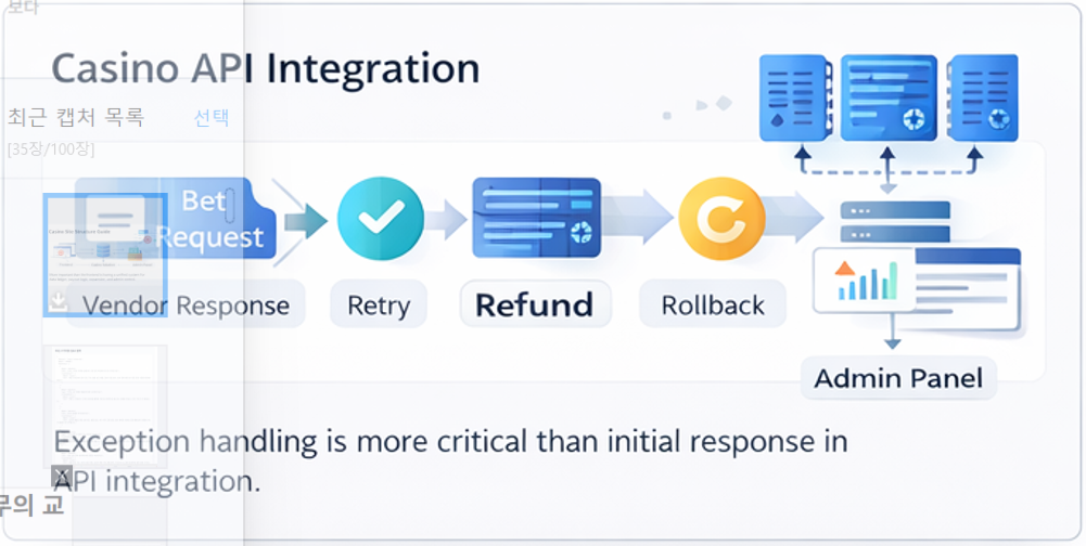 카지노 API 연동과 예외 처리 구조를 설명하는 인포그래픽 이미지