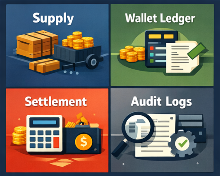 알본사 공급→지갑 원장→정산→감사 로그 흐름을 보여주는 4분할 프로세스