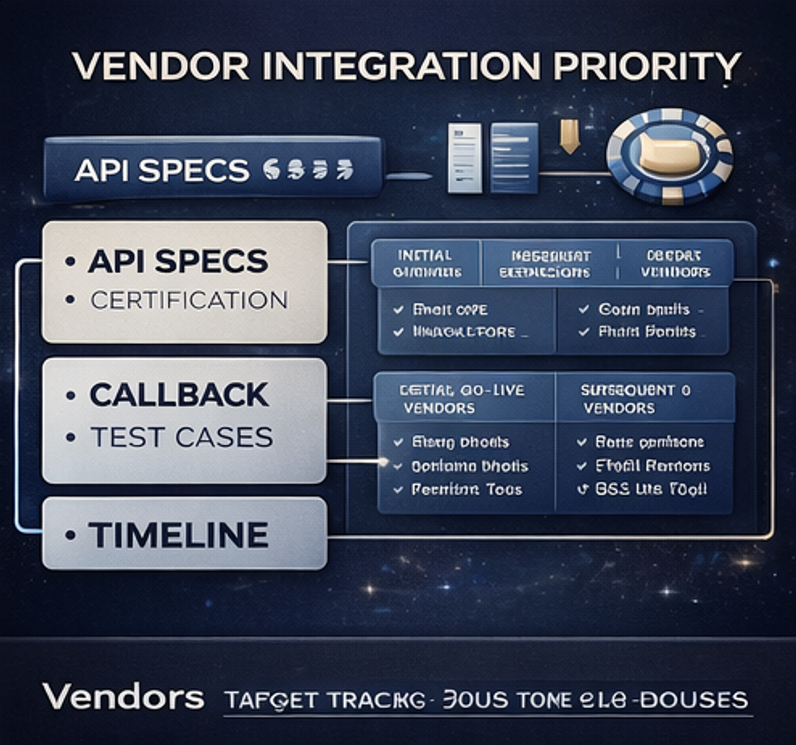 카지노 게임 벤더 연동 흐름과 우선순위 매트릭스를 보여주는 구조도