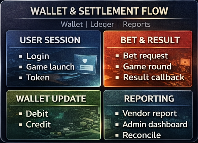 월렛과 정산 흐름 다이어그램(콜백·원장·리포트) 4분할