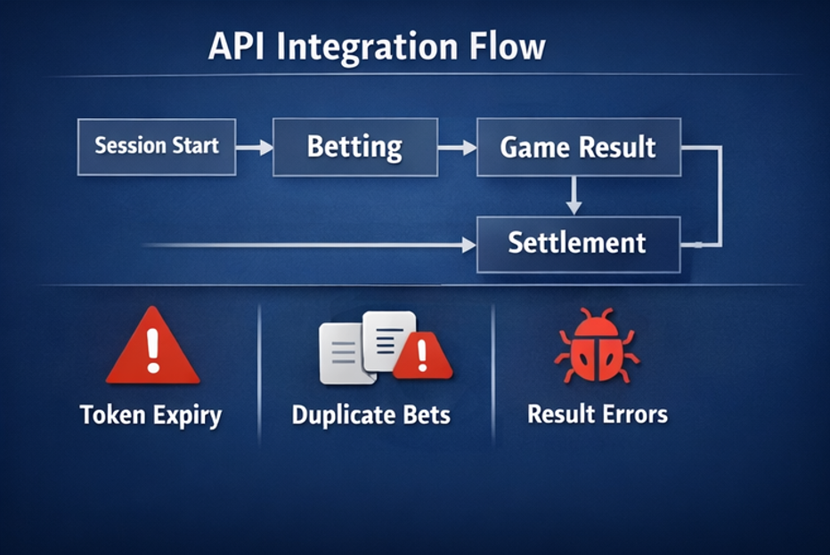 카지노 API 연동 흐름도(세션→베팅→결과→정산)와 실패 지점 표시 이미지
