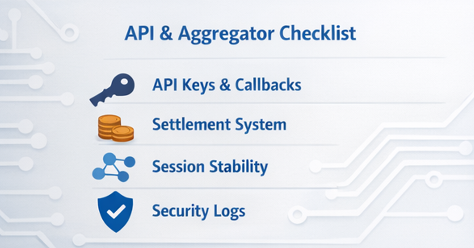 카지노 API/알본사 연동 체크리스트(키, 콜백, 정산, 로그, 세션 품질)를 정리한 체크 화면