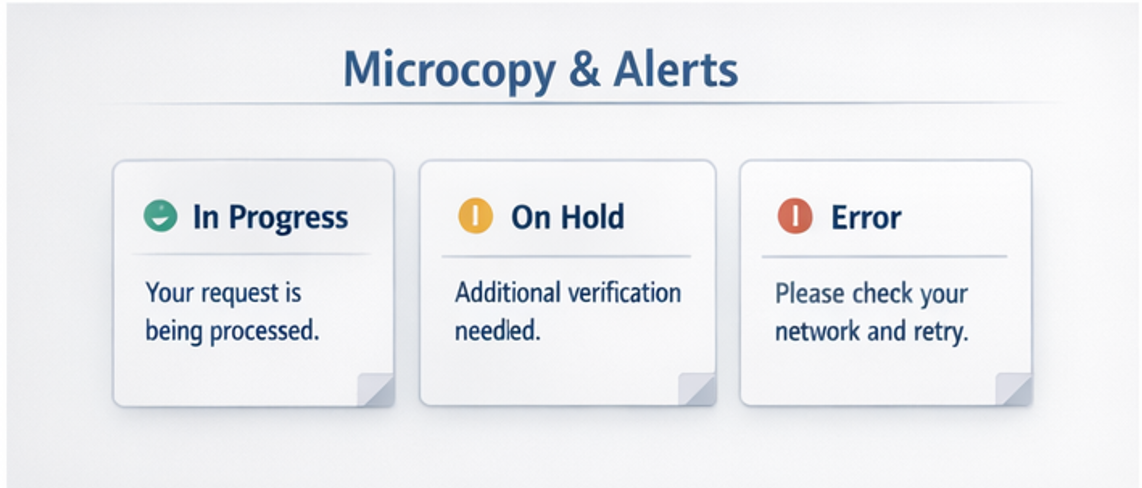 마이크로카피(문구)와 알림 설계를 ‘상태+이유+다음 행동’ 구조로 정리한 카드형 가이드