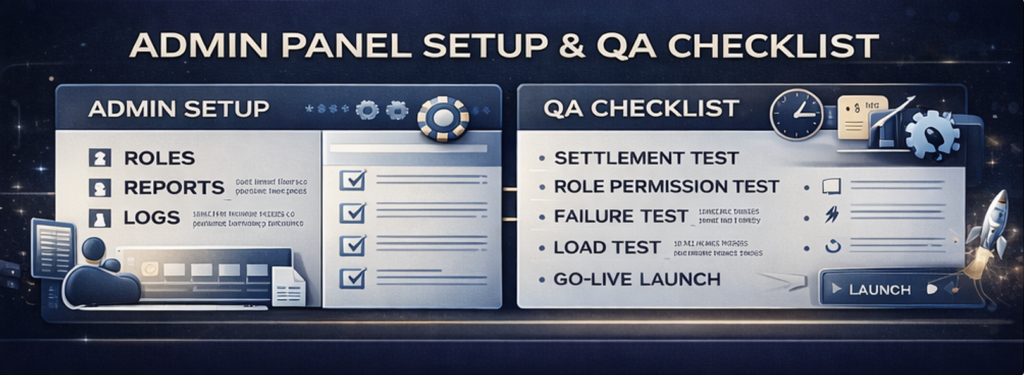 관리자 패널 권한 분리와 운영 리포트, 테스트(QA) 항목을 요약한 인포그래픽