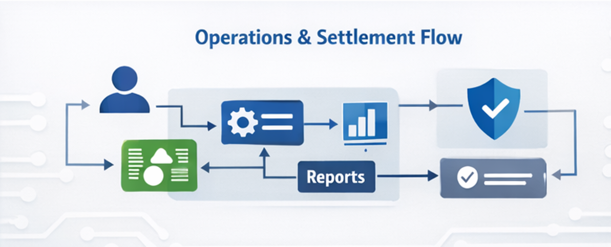 운영 관리 시스템에서 정산 통계와 보안 로그 흐름이 연결되는 운영 플로우 다이어그램