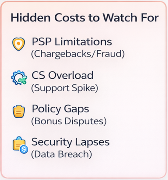 숨은 비용 경고 인포그래픽(차지백·CS 폭증·컴플라이언스 업그레이드·재작업)