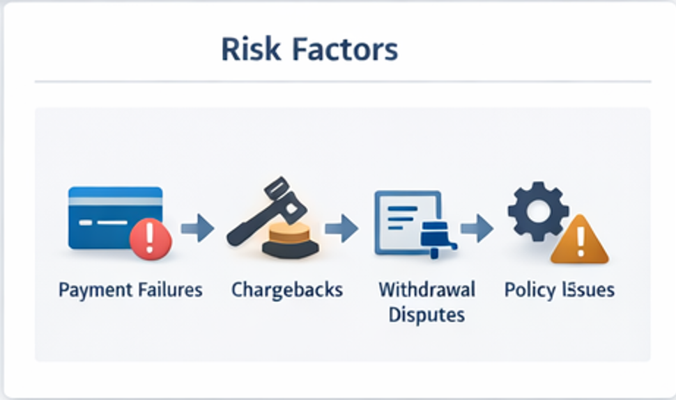 리스크가 터지는 순서(결제 실패→차지백→출금 분쟁→정책 재작업) 인포그래픽