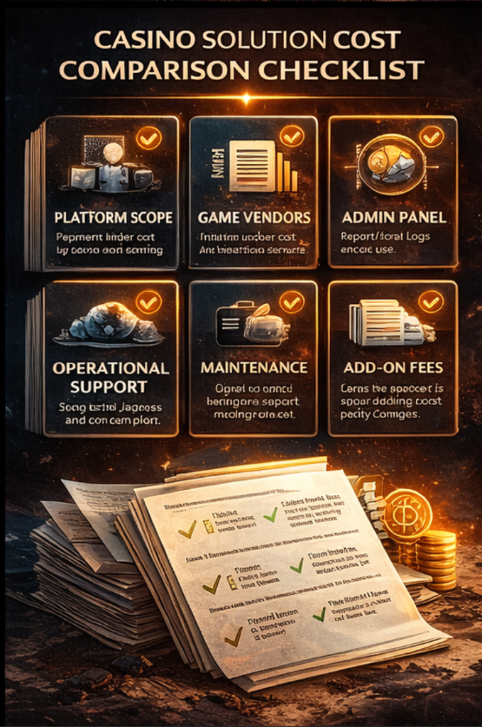 카지노솔루션 도입 전 비용 체크리스트를 요약한 인포그래픽