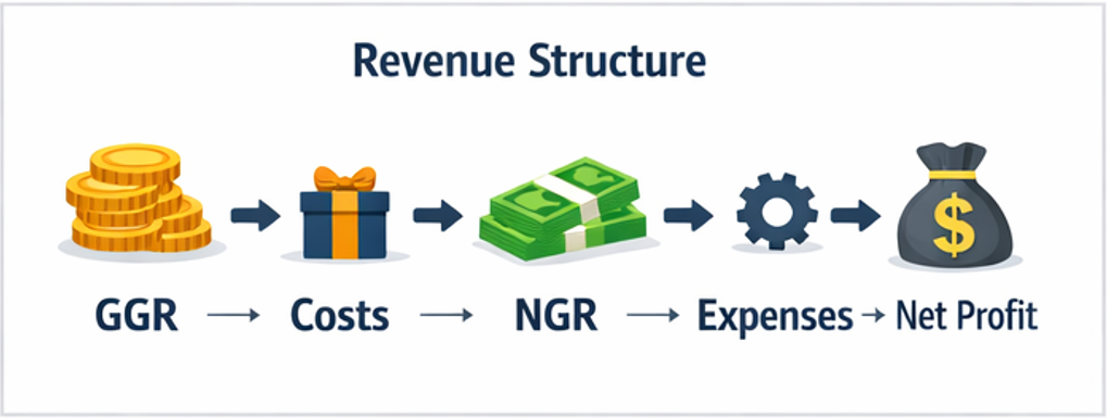 카지노 수익 구조의 전체 흐름을 설명하는 인포그래픽으로 GGR에서 NGR, 운영비와 순이익까지 이어지는 구조를 시각적으로 정리한 이미지