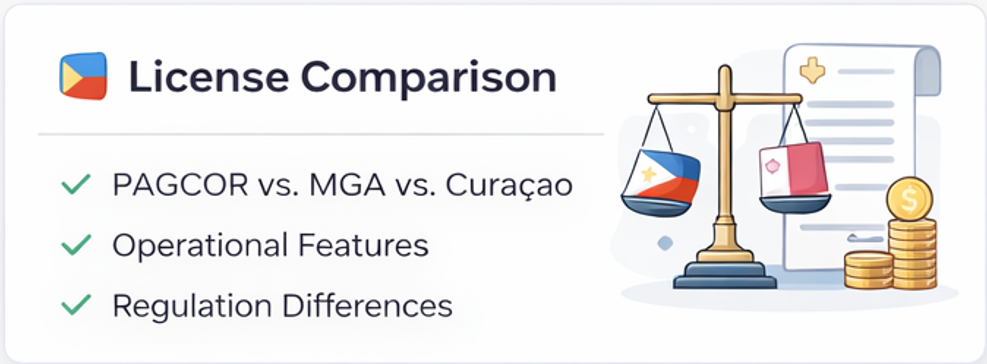 글로벌 카지노 라이선스 구조를 한눈에 비교할 수 있도록 필리핀 PAGCOR, 몰타 MGA, 큐라소 체계를 정리한 인포그래픽 이미지