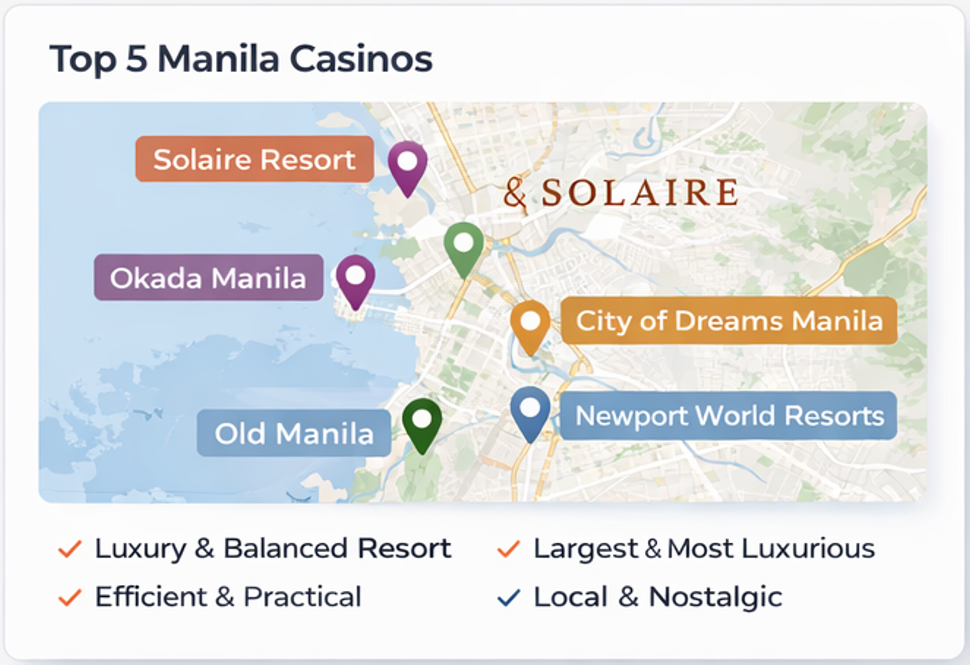 마닐라 카지노 순위 TOP 5를 한눈에 비교한 필리핀 카지노 인포그래픽 이미지