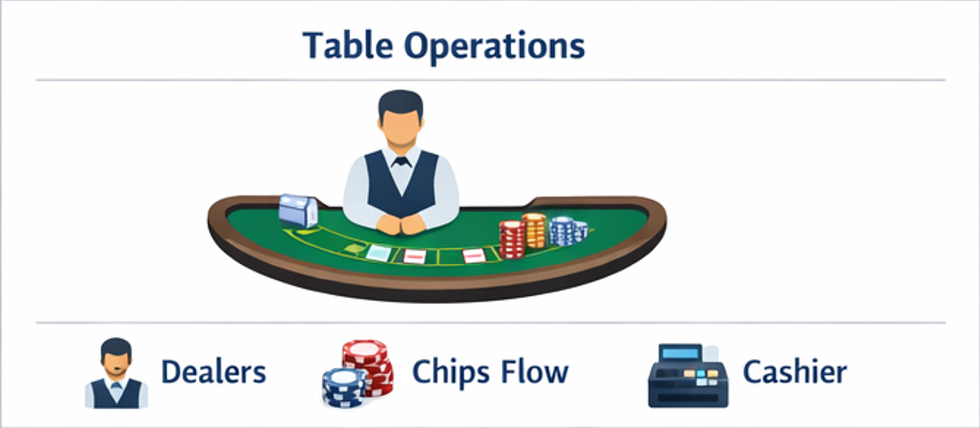 필리핀 오프라인 카지노 운영 구조와 솔루션 시스템을 설명하는 인포그래픽 이미지