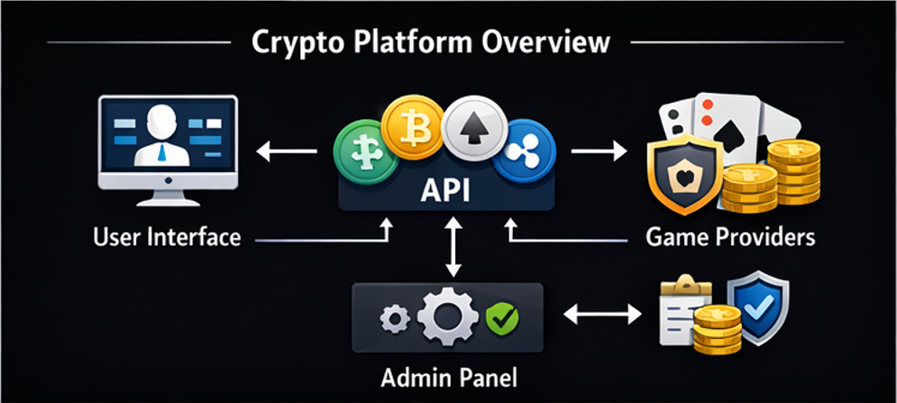 비트코인 카지노 솔루션과 USDT 이더리움 리플 결제 구조를 한눈에 보여주는 크립토 카지노 플랫폼 아키텍처 이미지