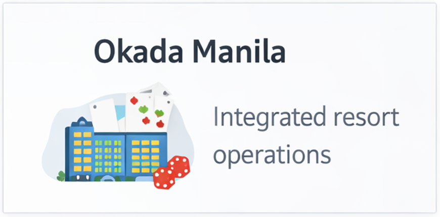 필리핀 마닐라 오카다 카지노의 통합 리조트 구조와 호텔 카지노 엔터테인먼트 구성을 보여주는 이미지