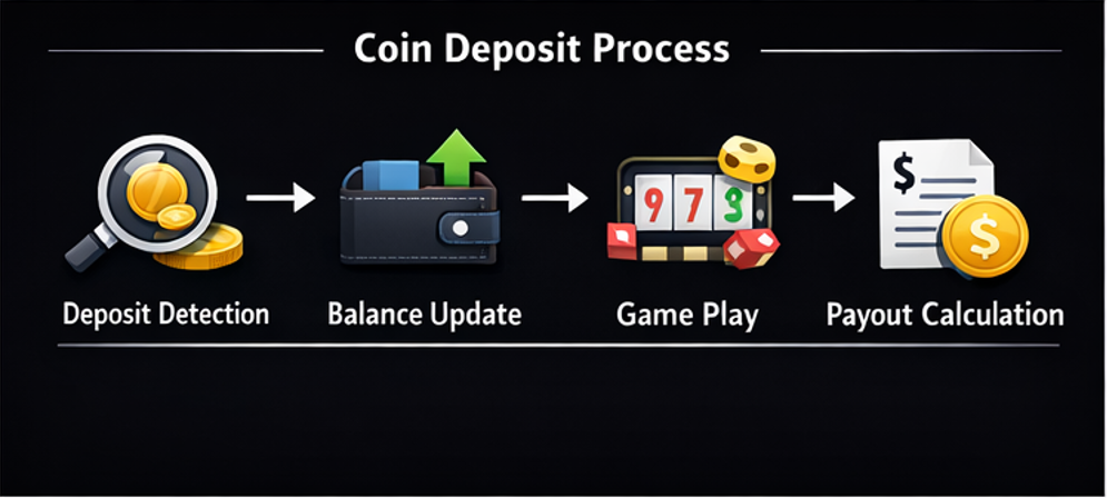 코인 입금 반영부터 게임 플레이와 실시간 정산까지 이어지는 크립토 카지노 결제 흐름 이미지