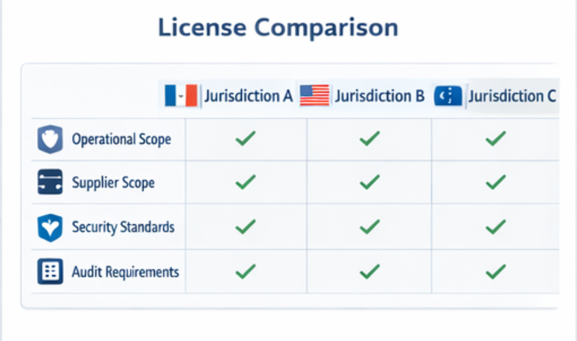 국가별 카지노 라이선스 규제 프레임워크와 운영 공급 구조를 비교하는 카드형 인포그래픽