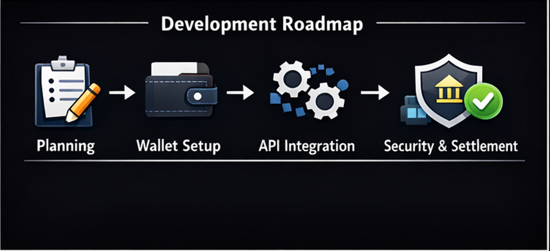 비트코인 카지노 솔루션 구축 절차와 크립토 결제 시스템 확장 로드맵을 단계별로 보여주는 이미지
