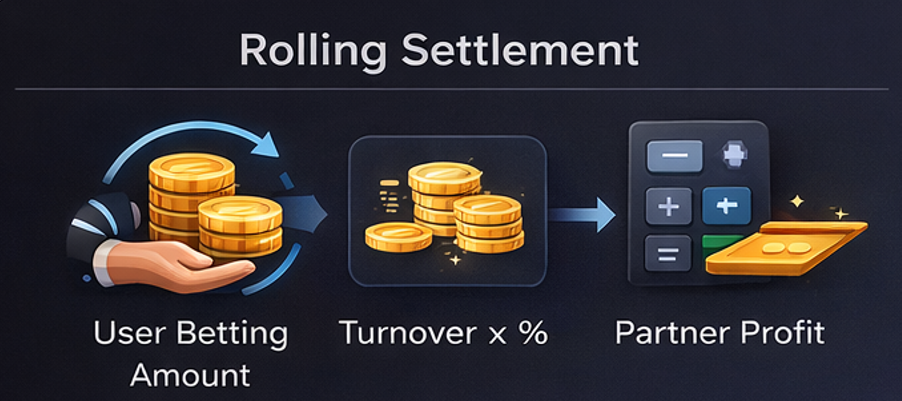 롤링 정산 구조에서 유저 베팅액을 기준으로 파트너 수익이 계산되는 흐름을 보여주는 인포그래픽