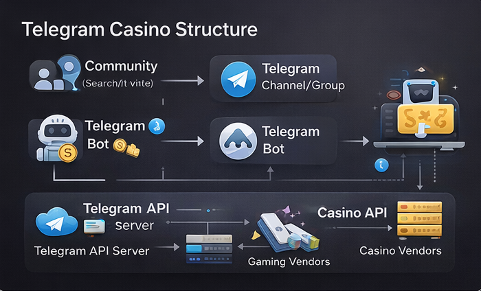 텔레그램 카지노 구조에서 채널 봇 미니앱 웹 패널이 연결되는 전체 흐름을 보여주는 인포그래픽