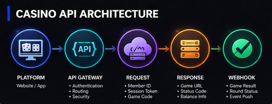 카지노 API 구조를 플랫폼 요청, 공급사 응답, webhook 이벤트, ledger 반영 흐름으로 정리한 다이어그램