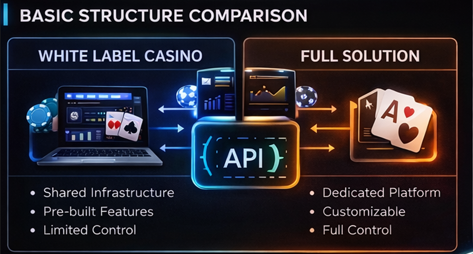 카지노 알본사와 화이트라벨의 기본 구조와 운영 범위를 비교한 인포그래픽 이미지