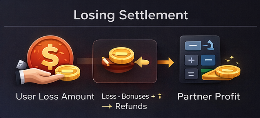 루징 정산 구조에서 유저 손실 금액 기준으로 파트너 수익이 계산되는 과정을 비교한 이미지