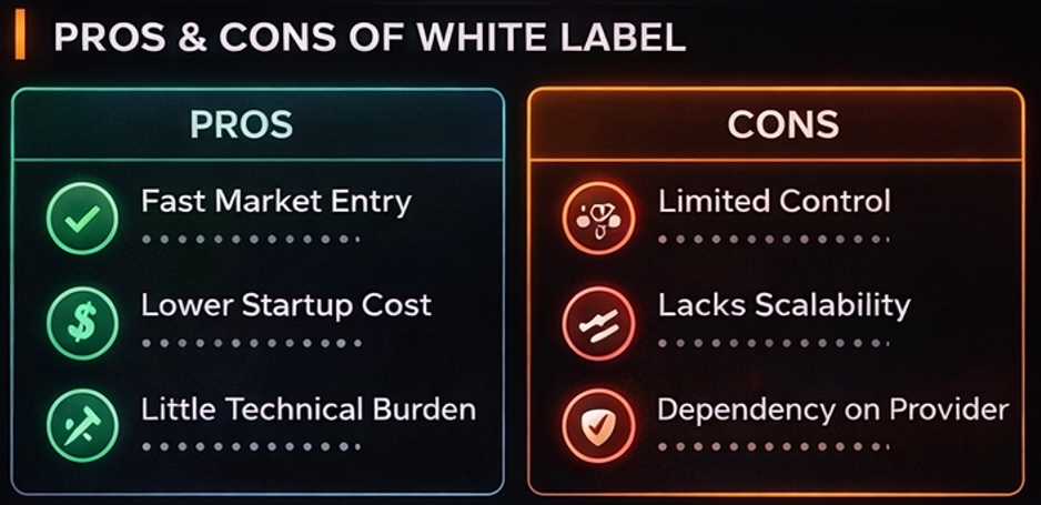 화이트라벨의 장점과 한계를 빠른 오픈, 제한된 통제권, 초기 테스트 관점에서 정리한 비교 이미지