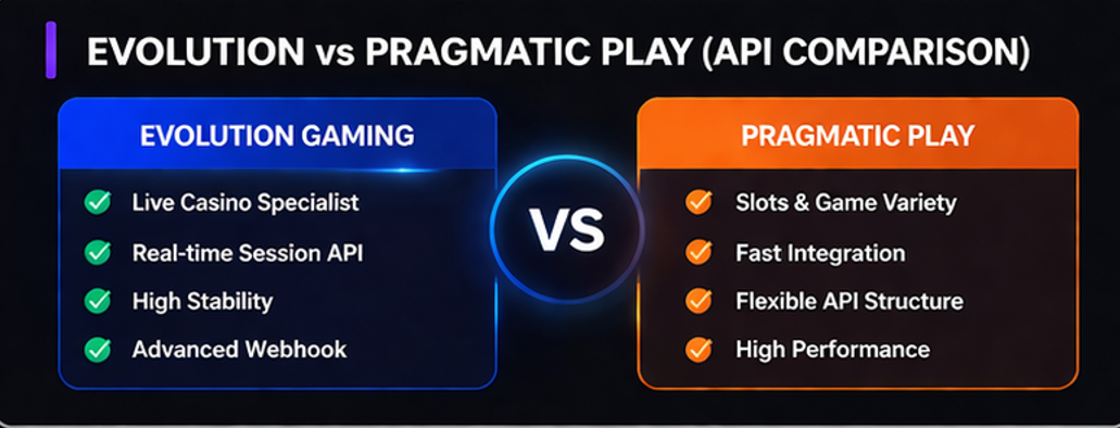 에볼루션 게이밍과 프라그마틱플레이를 API 구조, 세션 처리, 결과 반영 기준으로 비교한 이미지