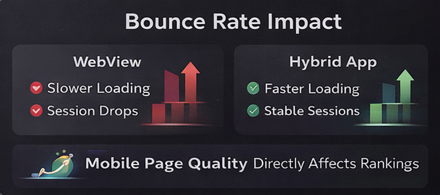 웹뷰와 하이브리드 앱의 장단점 이탈률 영향 유지보수성 SEO 경쟁력을 5개 카드로 정리한 인포그래픽